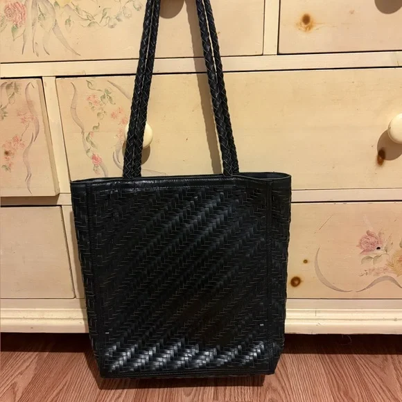 Handmade by artisans Black LEATHER Woven Tote Bag BEMBIEN - Picture 2 of 7
